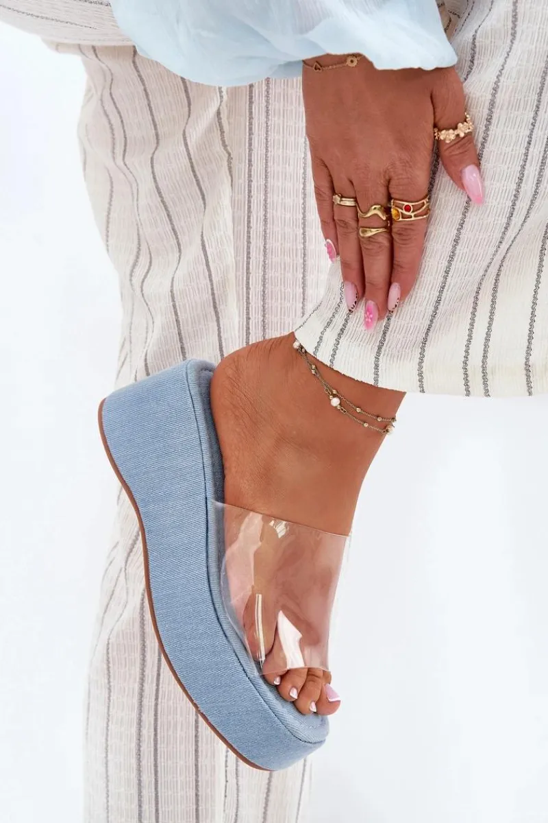 Klapki Na Koturnie|Klapki Na Platformie>Boto Klapki Damskie Z Transparentnym Paskiem Na Koturnie Jeansowe Meltiana Niebieski