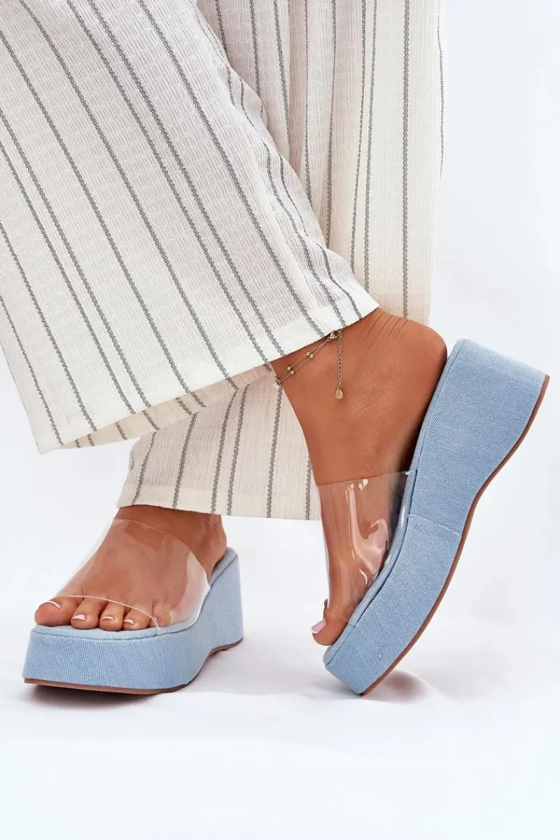 Klapki Na Koturnie|Klapki Na Platformie>Boto Klapki Damskie Z Transparentnym Paskiem Na Koturnie Jeansowe Meltiana Niebieski