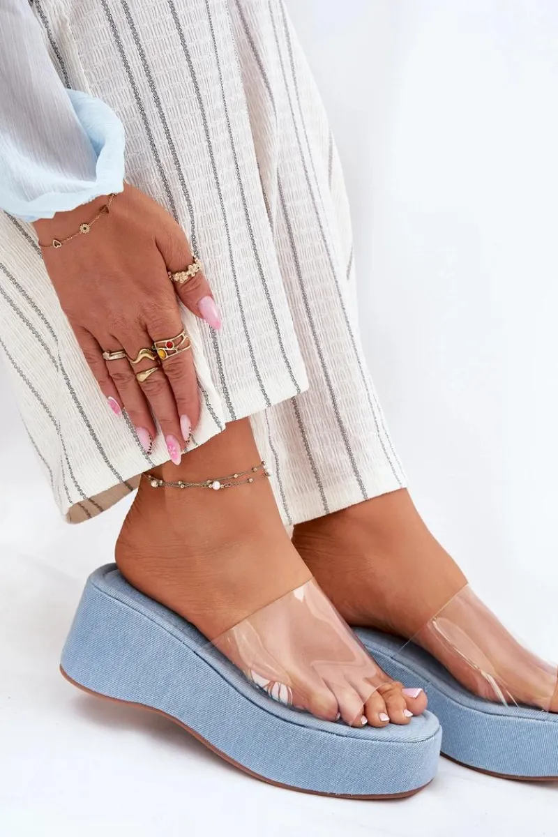 Klapki Na Koturnie|Klapki Na Platformie>Boto Klapki Damskie Z Transparentnym Paskiem Na Koturnie Jeansowe Meltiana Niebieski