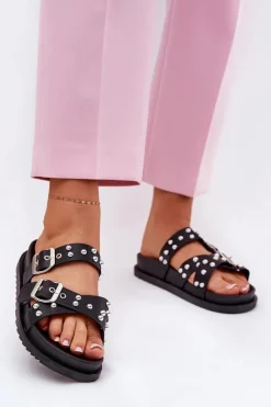 Klapki Damskie Z Ćwiekami I Klamrami Czarne Tesiolle Damskie Klapki Na Platformie|Klapki Damskie Klasyczne