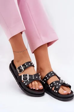 Klapki Damskie Z Ćwiekami I Klamrami Czarne Tesiolle Damskie Klapki Na Platformie|Klapki Damskie Klasyczne