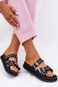 Klapki Damskie Z Ćwiekami I Klamrami Czarne Tesiolle Damskie Klapki Na Platformie|Klapki Damskie Klasyczne