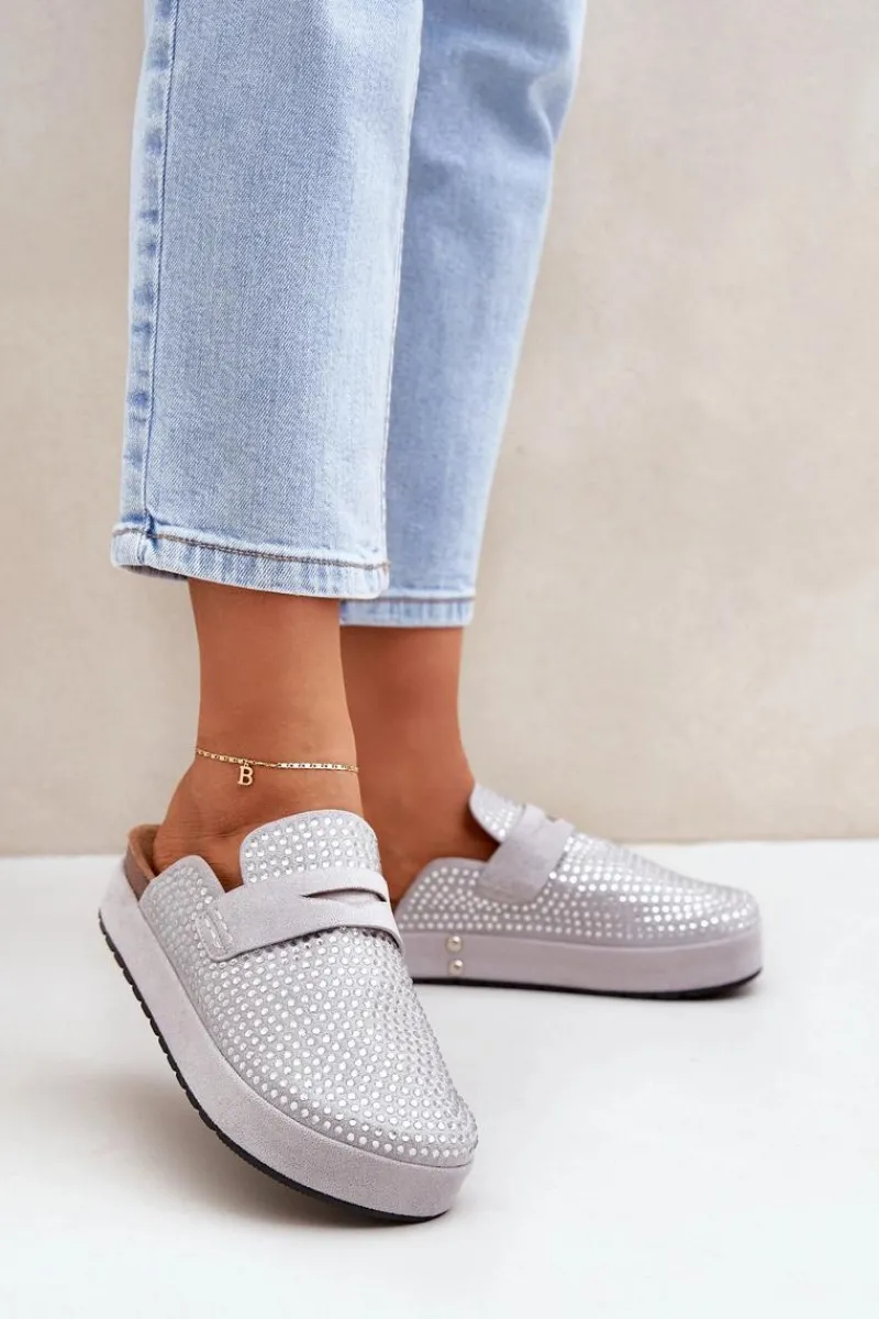 Klapki Na Platformie|Klapki Damskie Klasyczne>Boto Klapki Damskie Zdobione Cyrkoniami Na Platformie Szare Deorani Szary