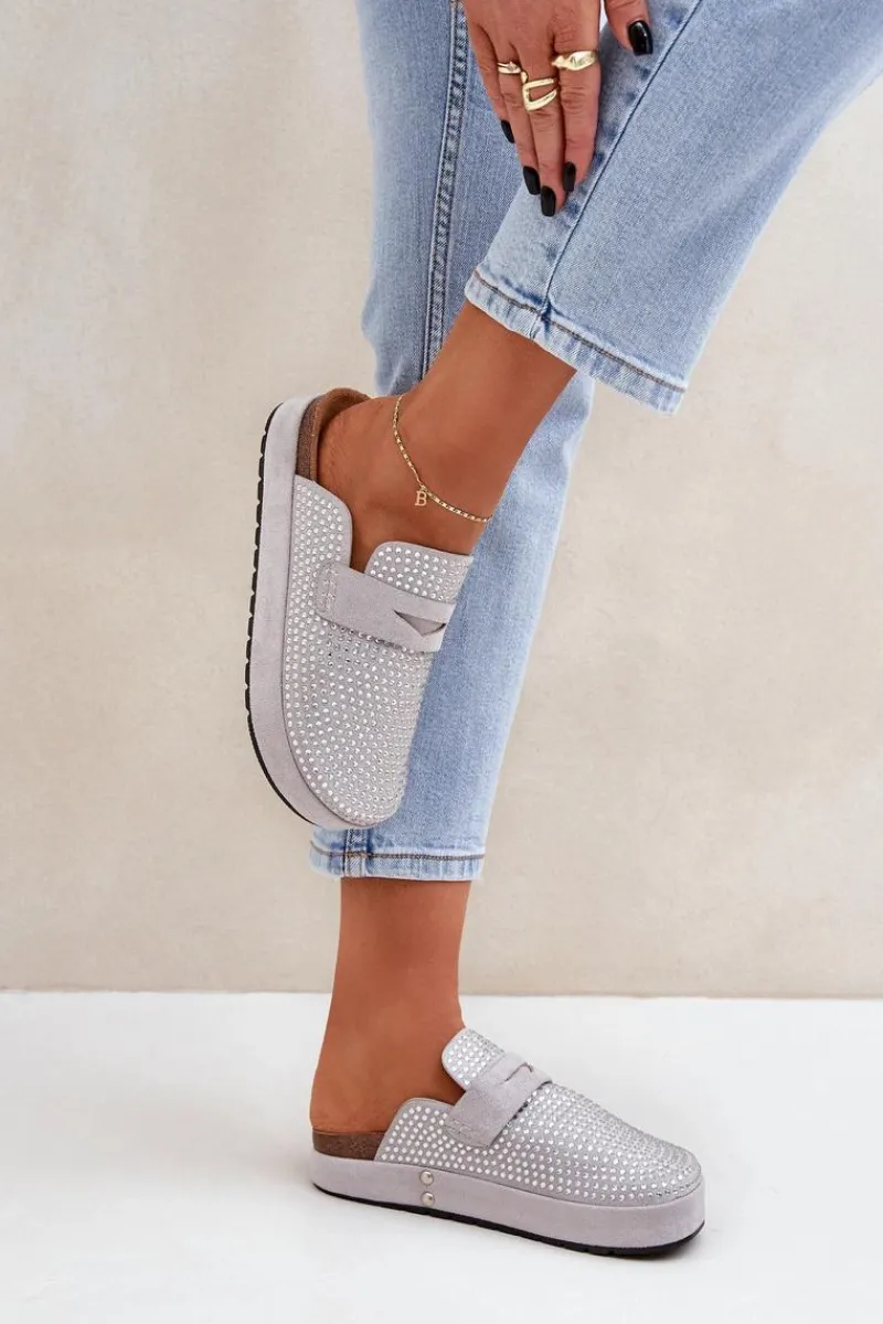 Klapki Na Platformie|Klapki Damskie Klasyczne>Boto Klapki Damskie Zdobione Cyrkoniami Na Platformie Szare Deorani Szary