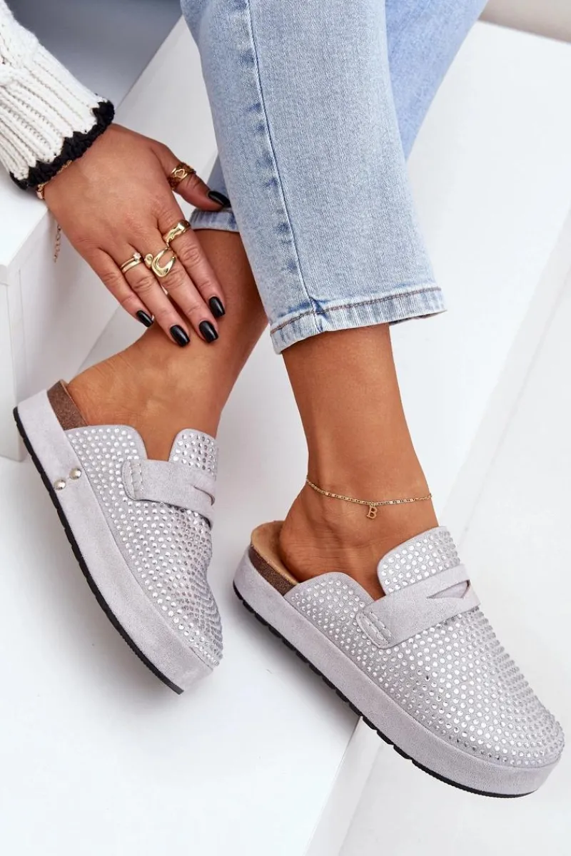 Klapki Na Platformie|Klapki Damskie Klasyczne>Boto Klapki Damskie Zdobione Cyrkoniami Na Platformie Szare Deorani Szary