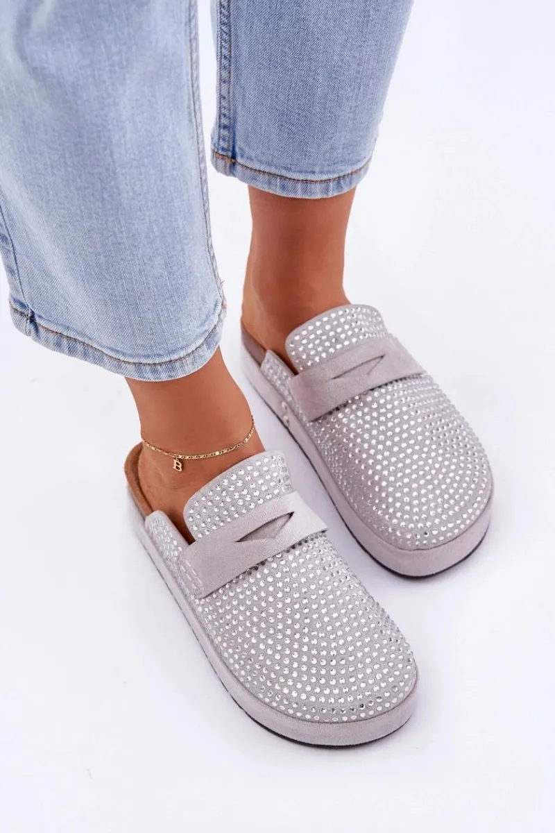 Klapki Na Platformie|Klapki Damskie Klasyczne>Boto Klapki Damskie Zdobione Cyrkoniami Na Platformie Szare Deorani Szary