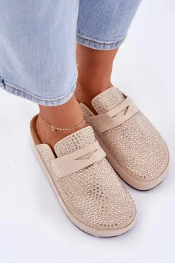 Outlet Boto Klapki Damskie Zdobione Cyrkoniami Na Platformie Beżowe Deorani Beżowy