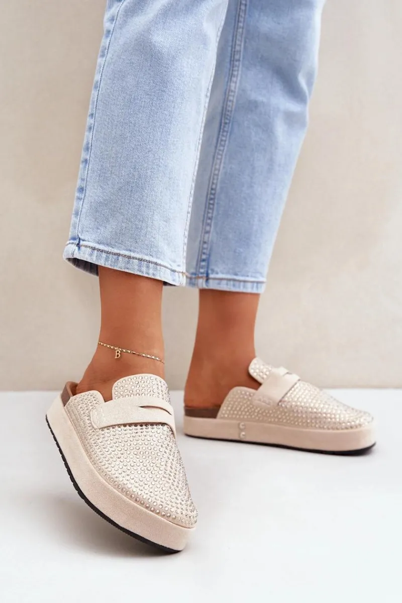 Outlet Boto Klapki Damskie Zdobione Cyrkoniami Na Platformie Beżowe Deorani Beżowy