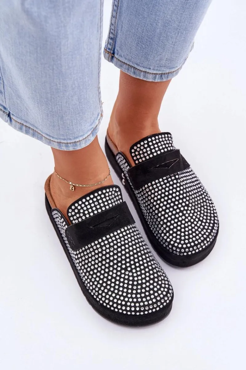 Hot Klapki Damskie Zdobione Cyrkoniami Na Platformie Czarne Deorani Damskie Klapki Na Platformie|Klapki Damskie Klasyczne