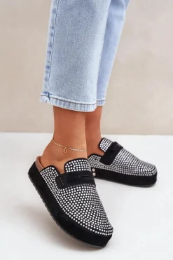 Hot Klapki Damskie Zdobione Cyrkoniami Na Platformie Czarne Deorani Damskie Klapki Na Platformie|Klapki Damskie Klasyczne