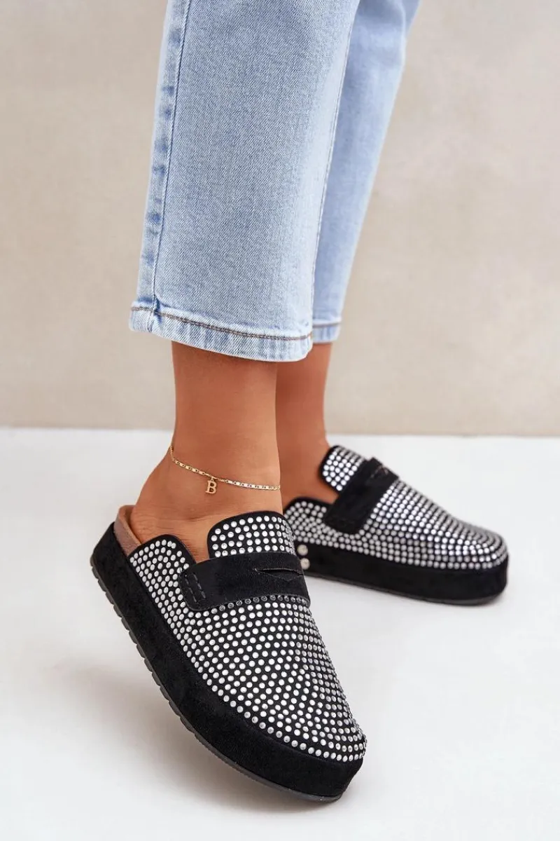 Hot Klapki Damskie Zdobione Cyrkoniami Na Platformie Czarne Deorani Damskie Klapki Na Platformie|Klapki Damskie Klasyczne