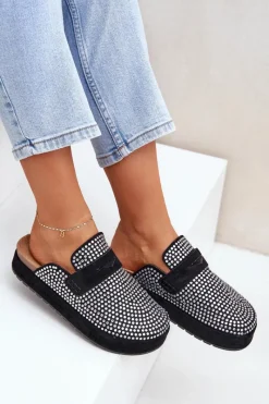 Hot Klapki Damskie Zdobione Cyrkoniami Na Platformie Czarne Deorani Damskie Klapki Na Platformie|Klapki Damskie Klasyczne