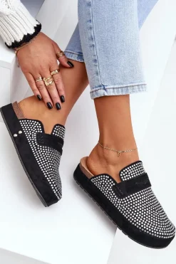 Hot Klapki Damskie Zdobione Cyrkoniami Na Platformie Czarne Deorani Damskie Klapki Na Platformie|Klapki Damskie Klasyczne