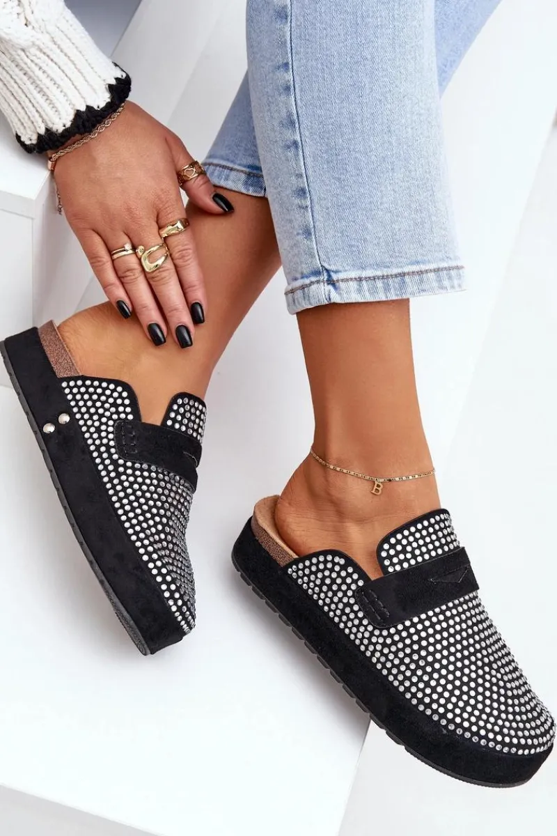 Hot Klapki Damskie Zdobione Cyrkoniami Na Platformie Czarne Deorani Damskie Klapki Na Platformie|Klapki Damskie Klasyczne