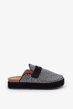 Hot Klapki Damskie Zdobione Cyrkoniami Na Platformie Czarne Deorani Damskie Klapki Na Platformie|Klapki Damskie Klasyczne