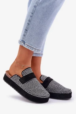 Hot Klapki Damskie Zdobione Cyrkoniami Na Platformie Czarne Deorani Damskie Klapki Na Platformie|Klapki Damskie Klasyczne