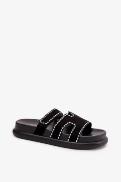 Boto Klapki Damskie Ze Zdobieniem Na Platformie Czarne Delyna Czarny