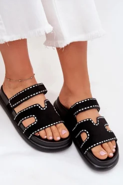 Boto Klapki Damskie Ze Zdobieniem Na Platformie Czarne Delyna Czarny