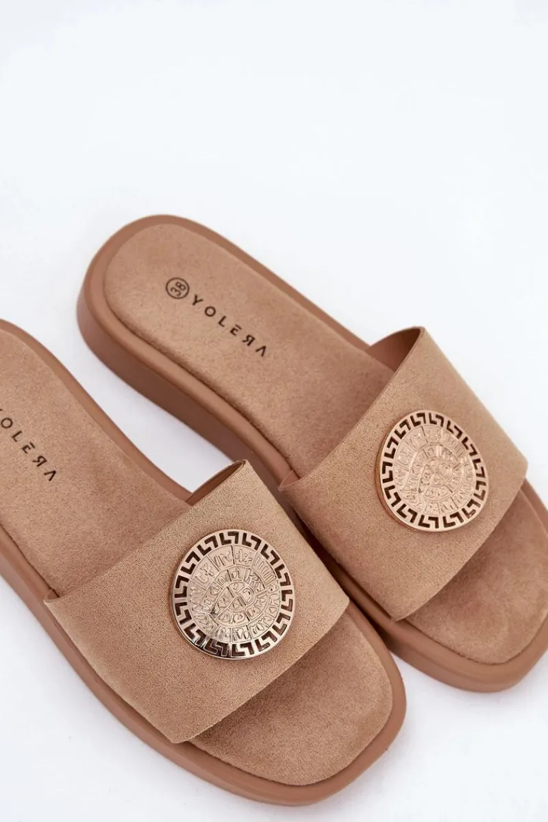 Klapki Na Platformie|Klapki Damskie Klasyczne>Boto Klapki Damskie Ze Złotą Ozdobą Beżowe Kaliora