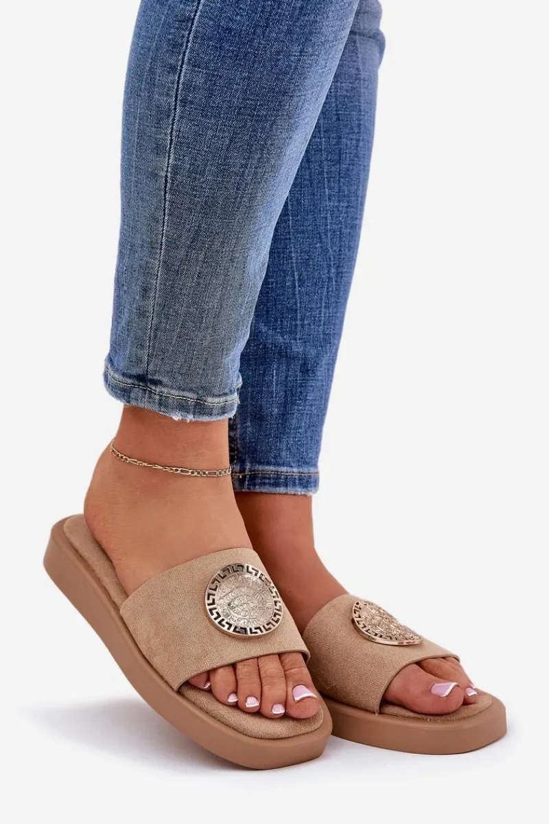 Klapki Na Platformie|Klapki Damskie Klasyczne>Boto Klapki Damskie Ze Złotą Ozdobą Beżowe Kaliora