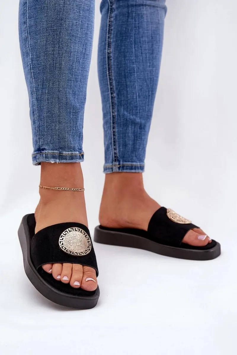 Discount Klapki Damskie Ze Złotą Ozdobą Czarne Kaliora Damskie Klapki Na Platformie|Klapki Damskie Klasyczne