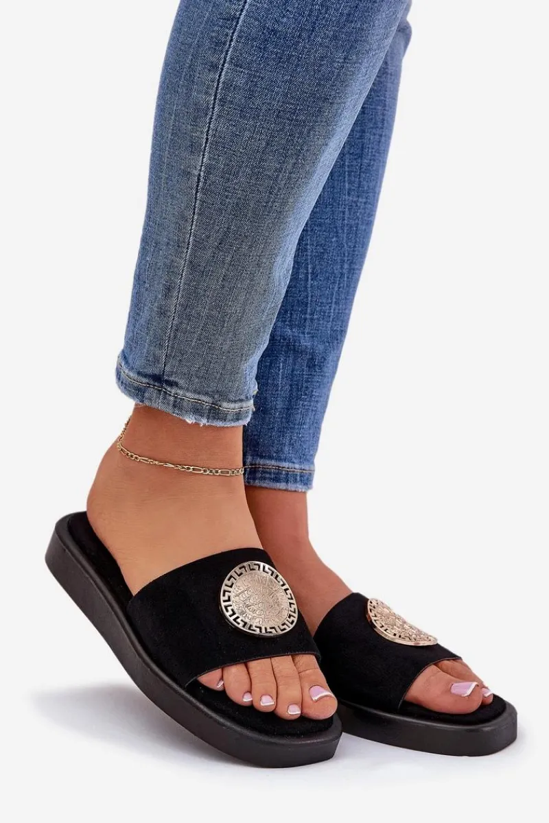 Discount Klapki Damskie Ze Złotą Ozdobą Czarne Kaliora Damskie Klapki Na Platformie|Klapki Damskie Klasyczne