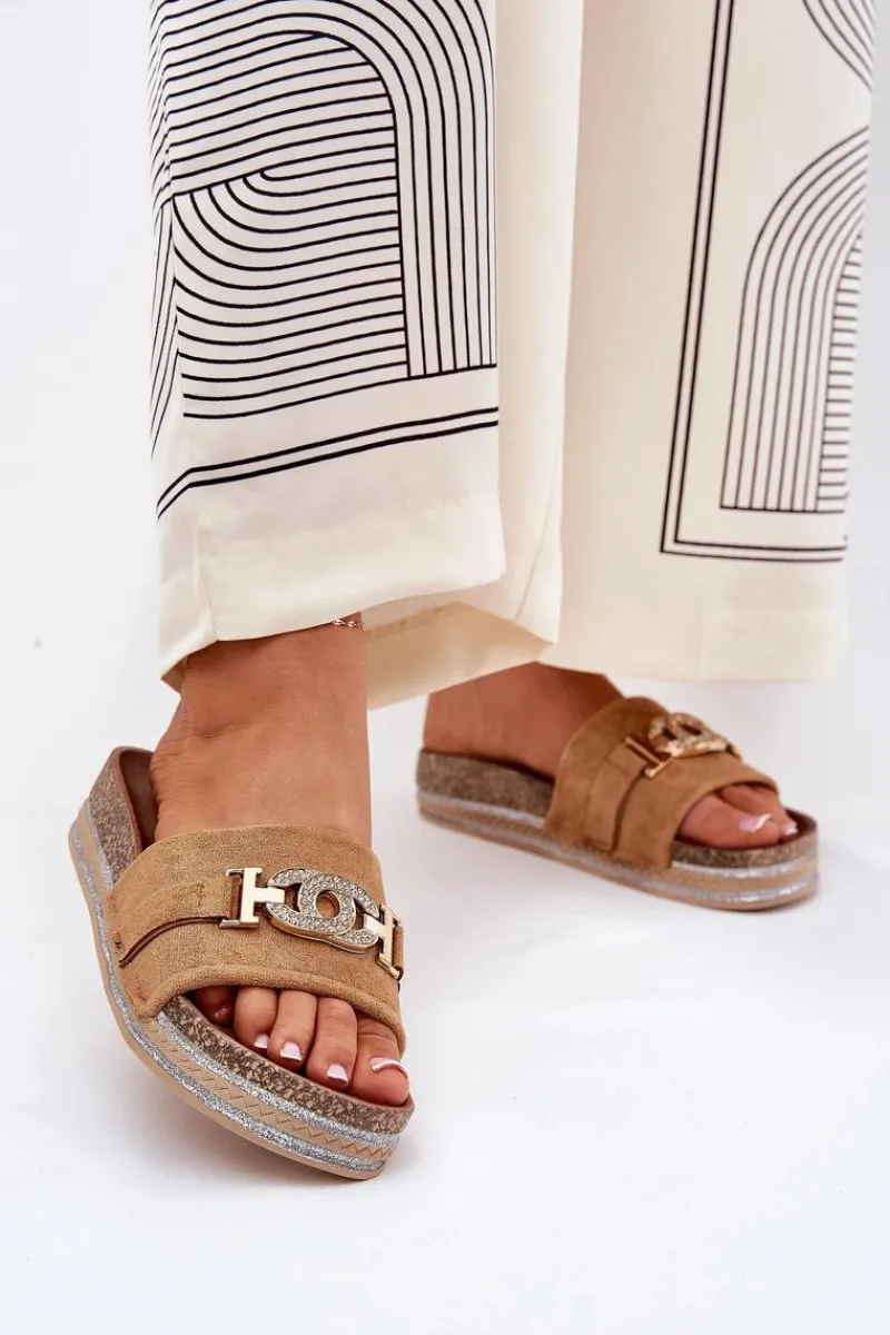 Discount Klapki Damskie Ze Złotym Detalem Na Platformie Z Brokatem Camel Eanes Damskie Klapki Korkowe|Klapki Na Platformie