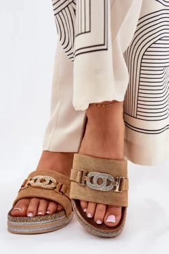 Discount Klapki Damskie Ze Złotym Detalem Na Platformie Z Brokatem Camel Eanes Damskie Klapki Korkowe|Klapki Na Platformie