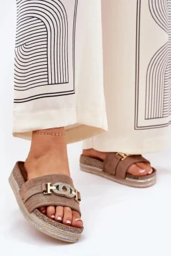 New Boto Klapki Damskie Ze Złotym Detalem Na Platformie Z Brokatem Khaki Eanes