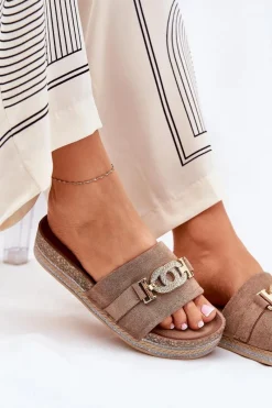 New Boto Klapki Damskie Ze Złotym Detalem Na Platformie Z Brokatem Khaki Eanes