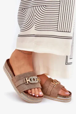 New Boto Klapki Damskie Ze Złotym Detalem Na Platformie Z Brokatem Khaki Eanes