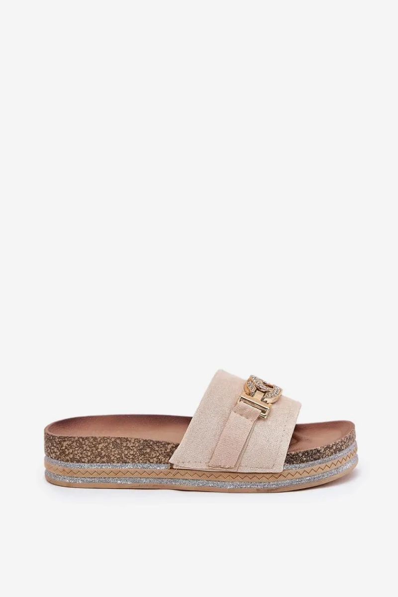 Hot Klapki Damskie Ze Złotym Detalem Na Platformie Z Brokatem Beżowe Eanes Damskie Klapki Korkowe|Klapki Na Platformie