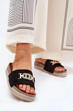 Klapki Korkowe|Klapki Na Platformie>Boto Klapki Damskie Ze Złotym Detalem Na Platformie Z Brokatem Czarne Eanes