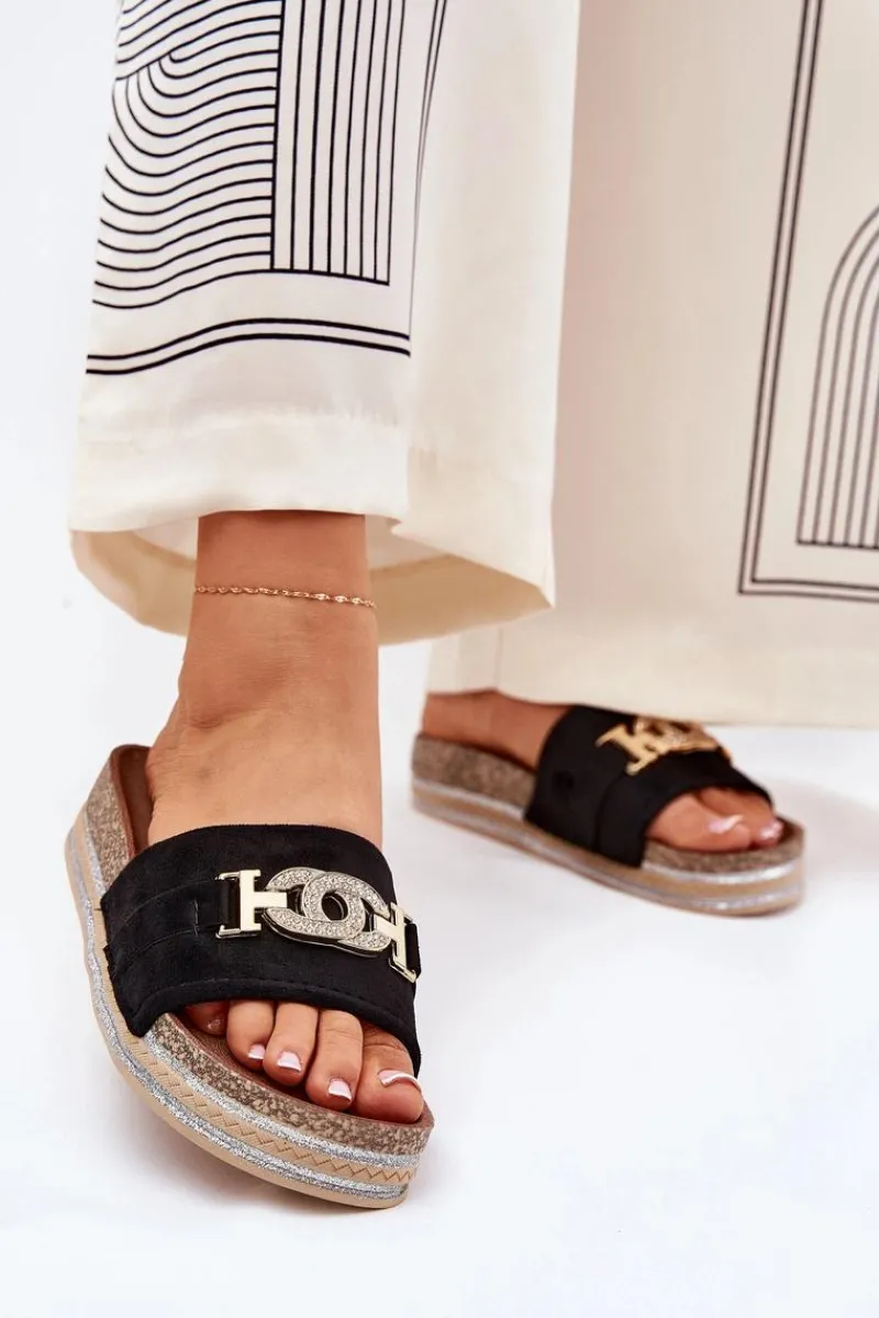 Klapki Korkowe|Klapki Na Platformie>Boto Klapki Damskie Ze Złotym Detalem Na Platformie Z Brokatem Czarne Eanes