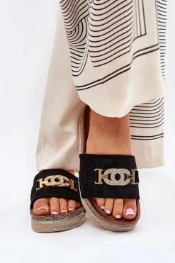 Klapki Korkowe|Klapki Na Platformie>Boto Klapki Damskie Ze Złotym Detalem Na Platformie Z Brokatem Czarne Eanes