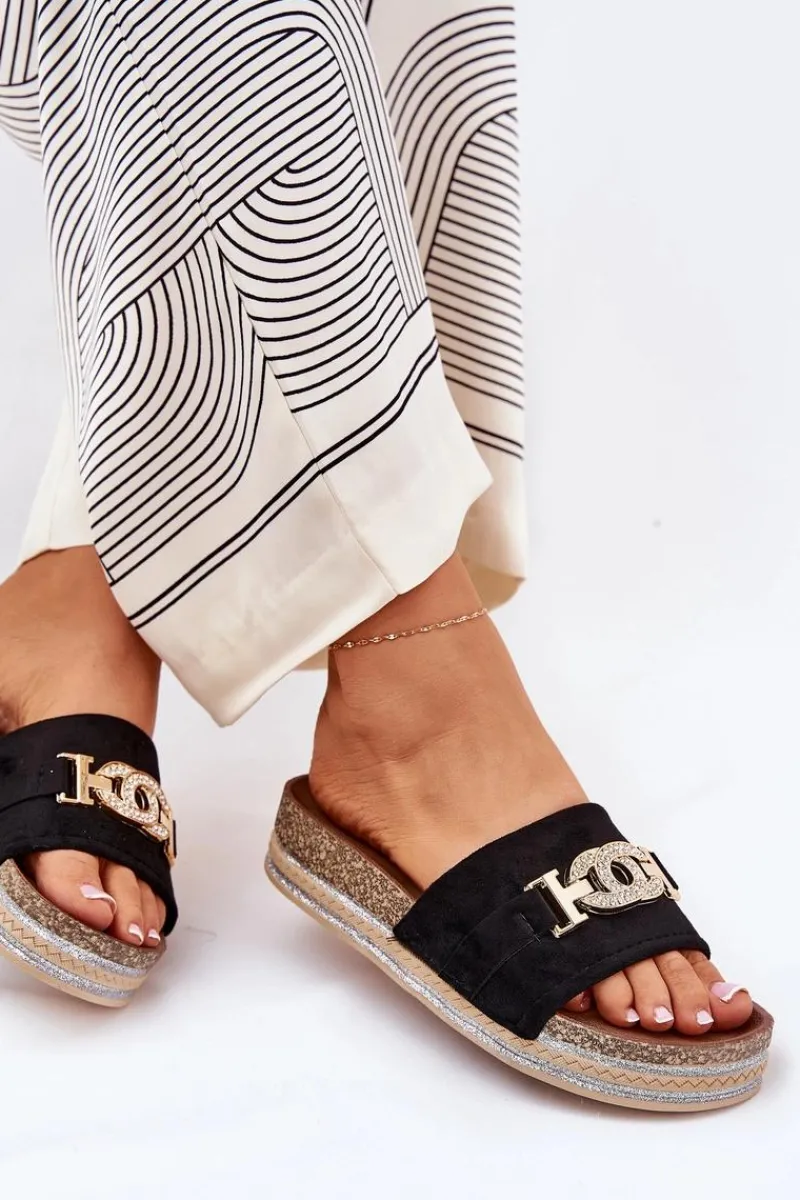 Klapki Korkowe|Klapki Na Platformie>Boto Klapki Damskie Ze Złotym Detalem Na Platformie Z Brokatem Czarne Eanes