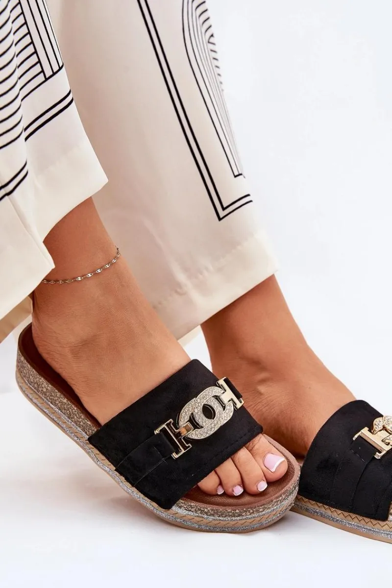 Klapki Korkowe|Klapki Na Platformie>Boto Klapki Damskie Ze Złotym Detalem Na Platformie Z Brokatem Czarne Eanes