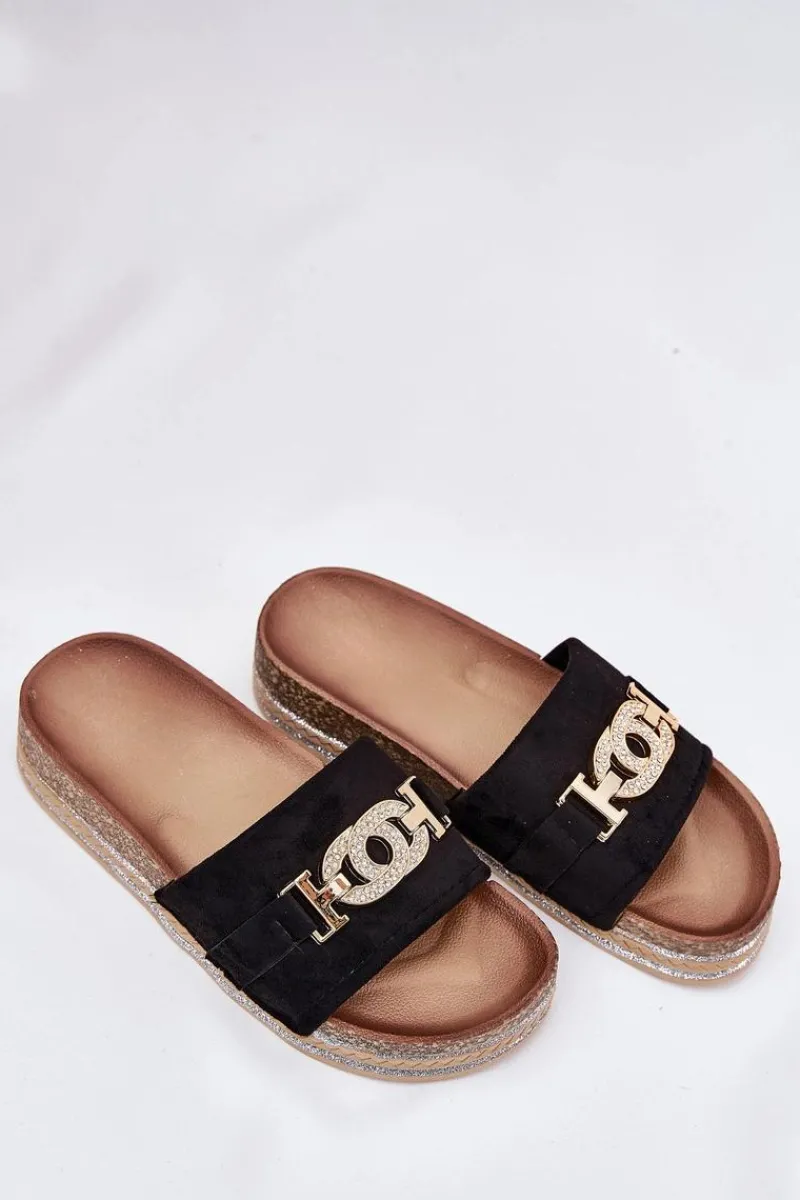 Klapki Korkowe|Klapki Na Platformie>Boto Klapki Damskie Ze Złotym Detalem Na Platformie Z Brokatem Czarne Eanes