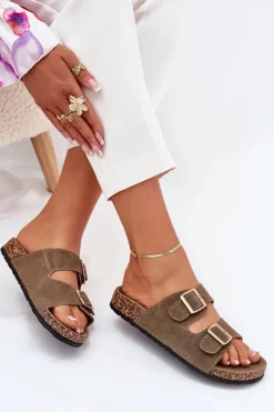 Sale Boto Klapki Damskie Ze Złotymi Klamrami I Przeszyciami Ciemnozielone Lunera