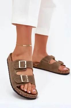 Sale Boto Klapki Damskie Ze Złotymi Klamrami I Przeszyciami Ciemnozielone Lunera