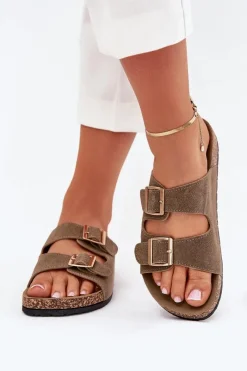 Sale Boto Klapki Damskie Ze Złotymi Klamrami I Przeszyciami Ciemnozielone Lunera