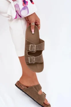 Sale Boto Klapki Damskie Ze Złotymi Klamrami I Przeszyciami Ciemnozielone Lunera