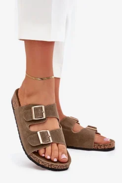 Sale Boto Klapki Damskie Ze Złotymi Klamrami I Przeszyciami Ciemnozielone Lunera