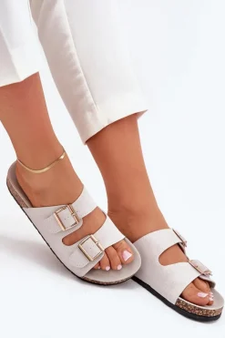 Best Boto Klapki Damskie Ze Złotymi Klamrami I Przeszyciami Szare Lunera Szary