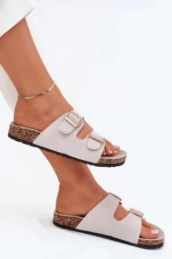 Best Boto Klapki Damskie Ze Złotymi Klamrami I Przeszyciami Szare Lunera Szary