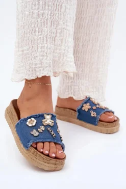 Klapki Na Platformie|Klapki Damskie Klasyczne>Boto Klapki Damskie Ze Złotymi Przypinkami Na Platformie Granatowe Rigasta