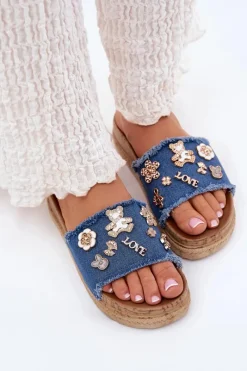 Klapki Na Platformie|Klapki Damskie Klasyczne>Boto Klapki Damskie Ze Złotymi Przypinkami Na Platformie Granatowe Rigasta