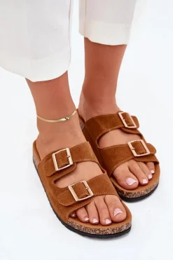 Clearance Klapki Damskie Ze Złotymi Klamrami I Przeszyciami Camel Lunera Damskie Klapki Korkowe|Klapki Damskie Klasyczne