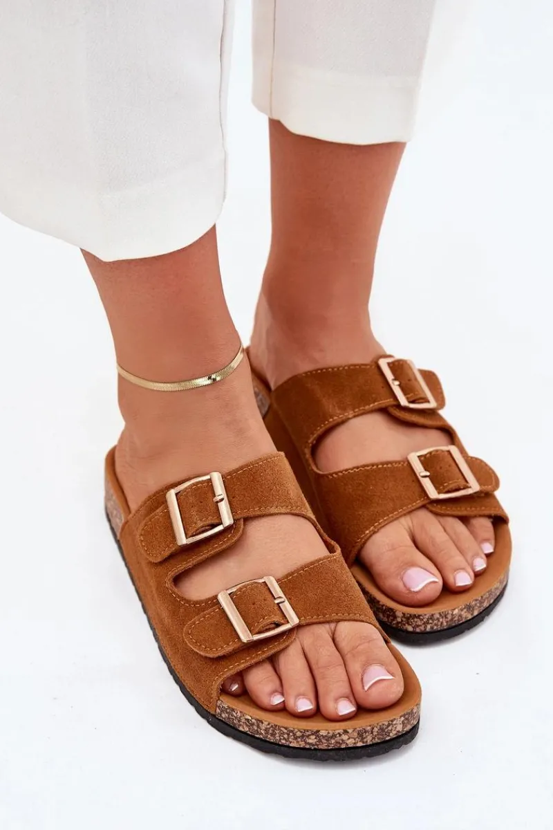 Clearance Klapki Damskie Ze Złotymi Klamrami I Przeszyciami Camel Lunera Damskie Klapki Korkowe|Klapki Damskie Klasyczne