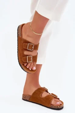 Clearance Klapki Damskie Ze Złotymi Klamrami I Przeszyciami Camel Lunera Damskie Klapki Korkowe|Klapki Damskie Klasyczne